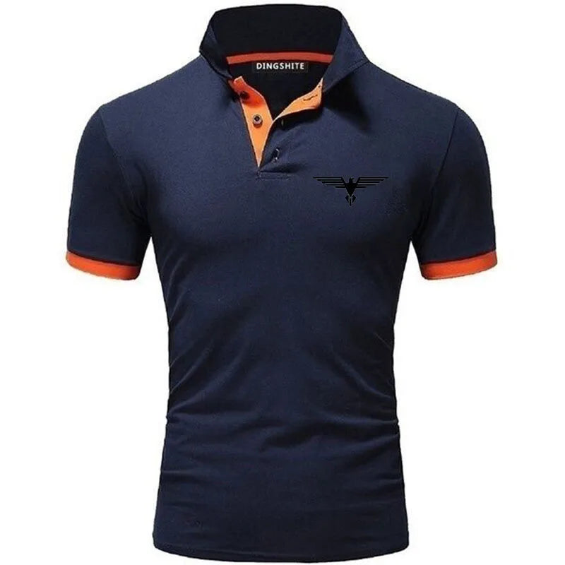 LuckeLadybug LLC men's business casual polo shirt in navy with contrasting orange collar and buttons