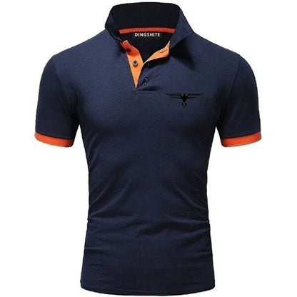 LuckeLadybug LLC men's business casual polo shirt in navy with contrasting orange collar and buttons