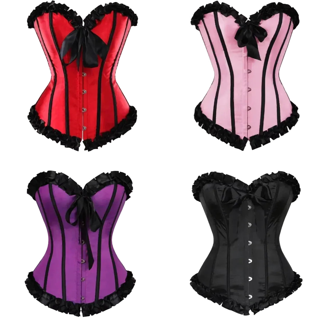 Four corset tops shown in a 2x2 grid on a white background, each with vertical stripes, ruffled trim, and a bow at the bust. The top-left is red with black trim, the top-right is pink with black trim, the bottom-left is purple with black trim, and the bottom-right is black with black trim.