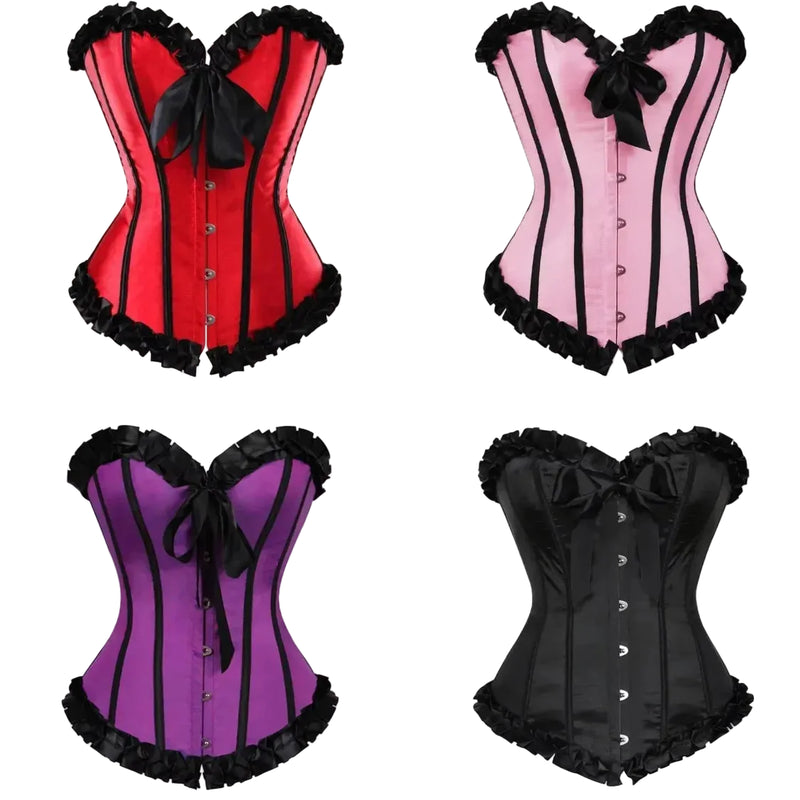 Four corset tops shown in a 2x2 grid on a white background, each with vertical stripes, ruffled trim, and a bow at the bust. The top-left is red with black trim, the top-right is pink with black trim, the bottom-left is purple with black trim, and the bottom-right is black with black trim.