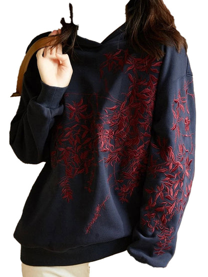 Navy embroidered graphic hoodie for women featuring intricate floral designs on the front