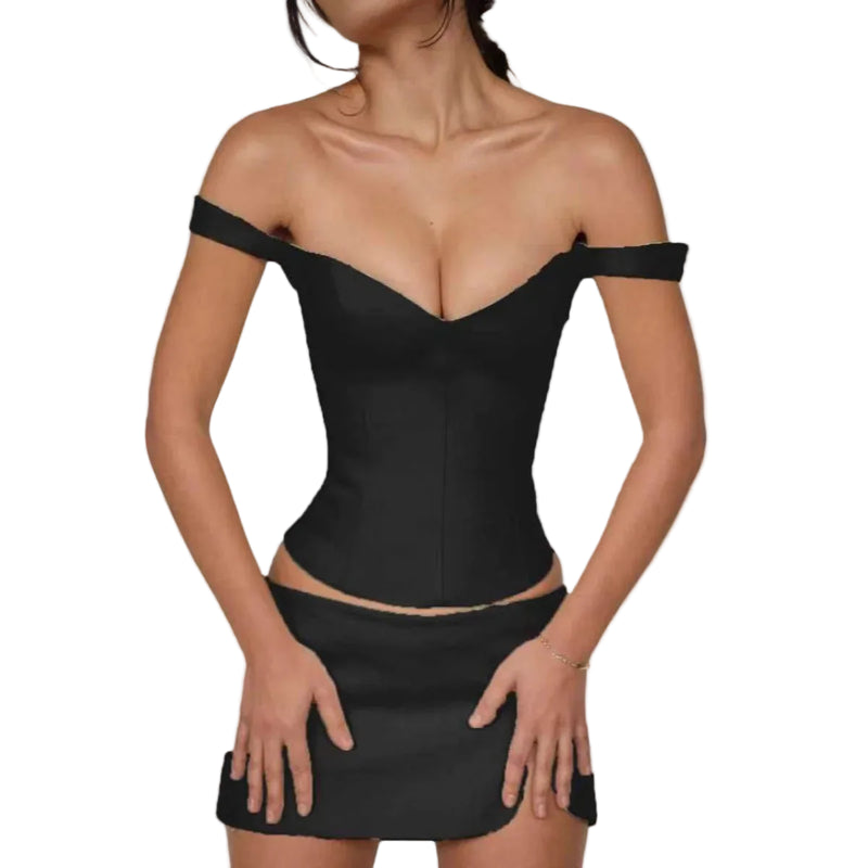 Black off-shoulder dress worn by a model on a white background
