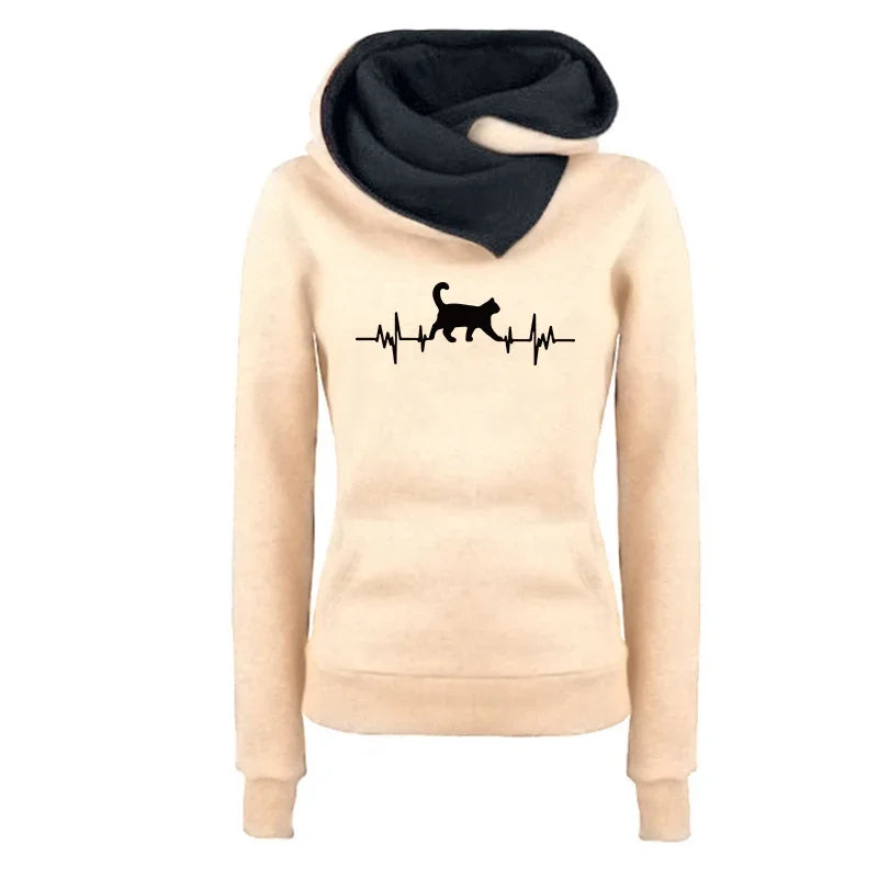 Beige women's autumn winter sweatshirts with a cat heartbeat design and cozy cowl neck