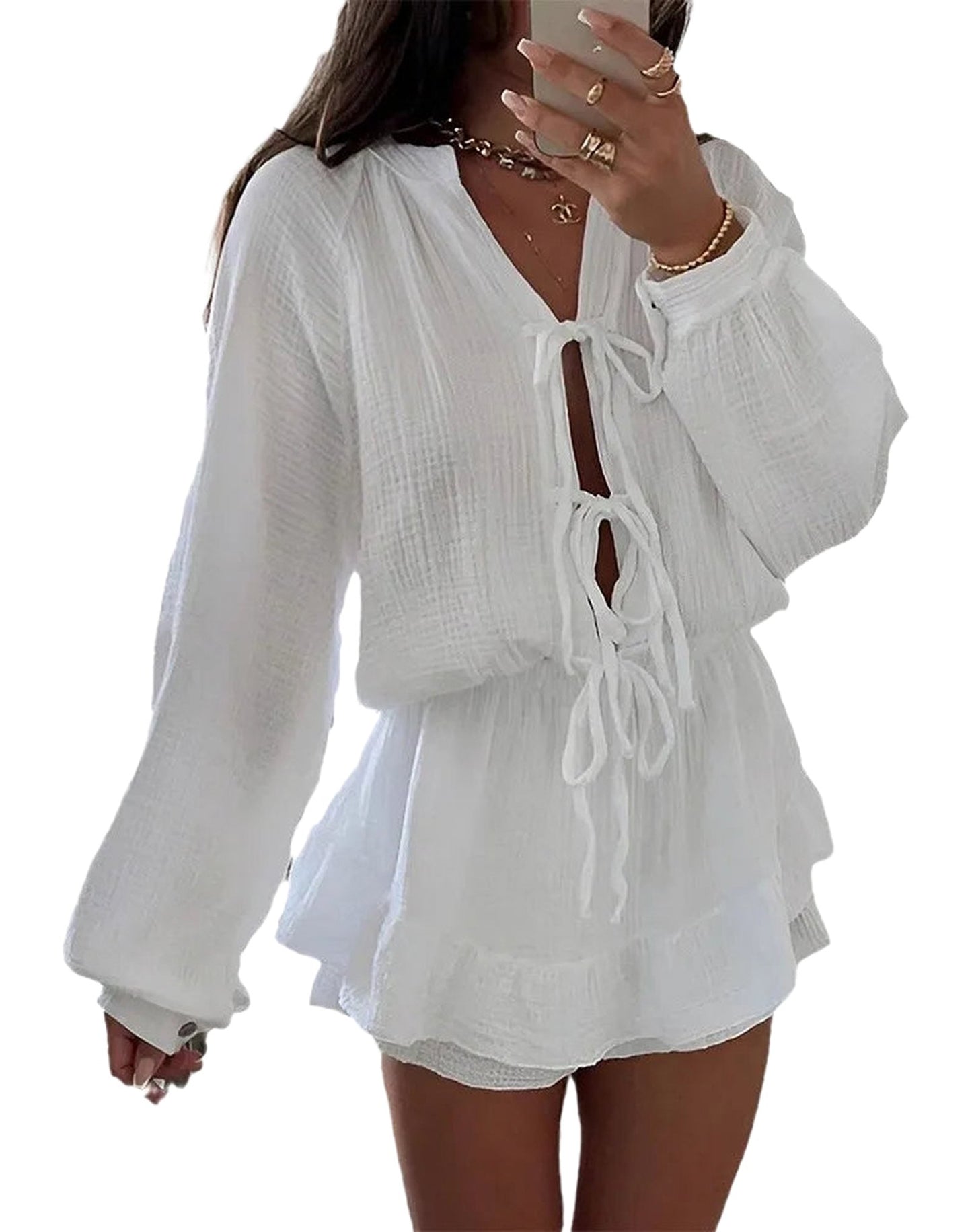 White Lace-Up Mini Beach Dress