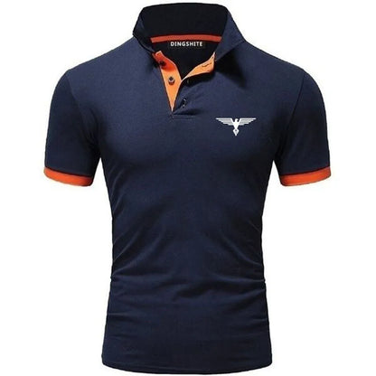 Men's business casual polo shirt in navy blue with orange accents for a polished, versatile look