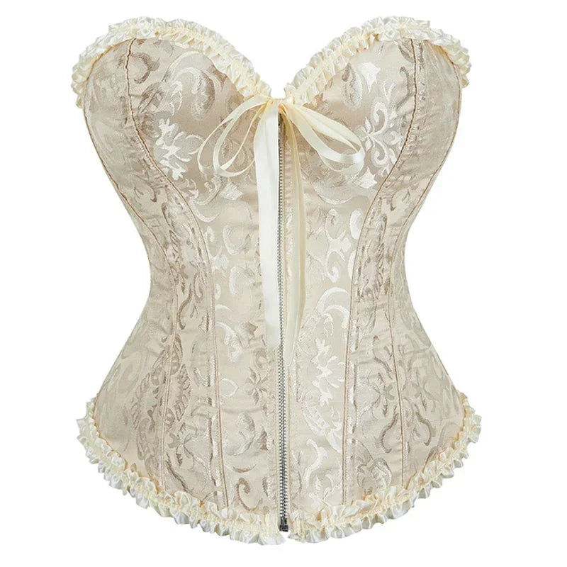 Women Floral Lace - Up Satin Overbust Corset Bustier Top