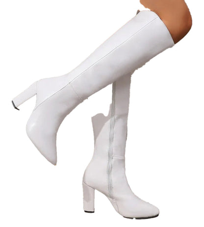 Womens Block Heel Knee Boots In White