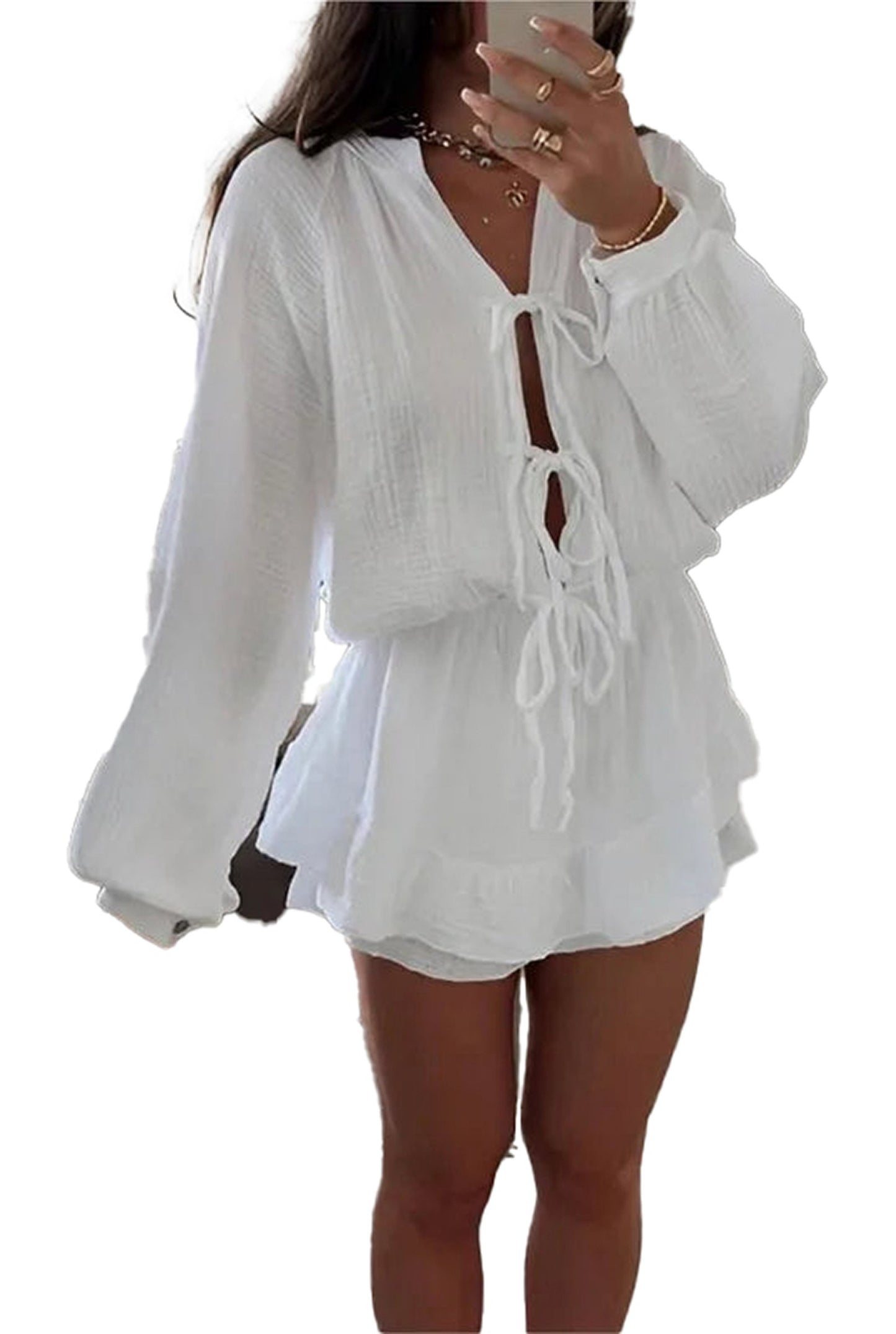 White Lace-Up Mini Beach Dress