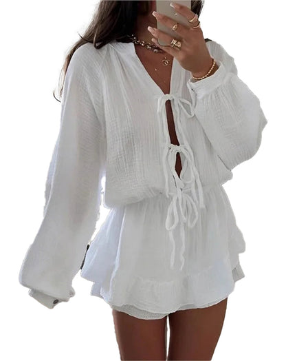 White Lace-Up Mini Beach Dress