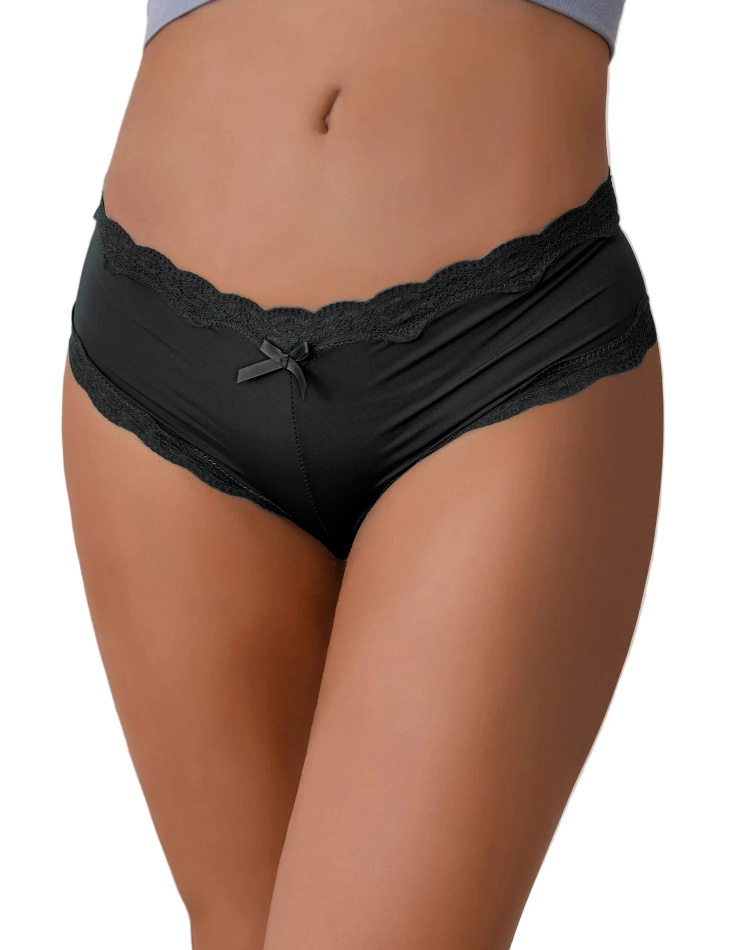 Black hipster sexy lace panties for women with scalloped edges and a cute bow detail
