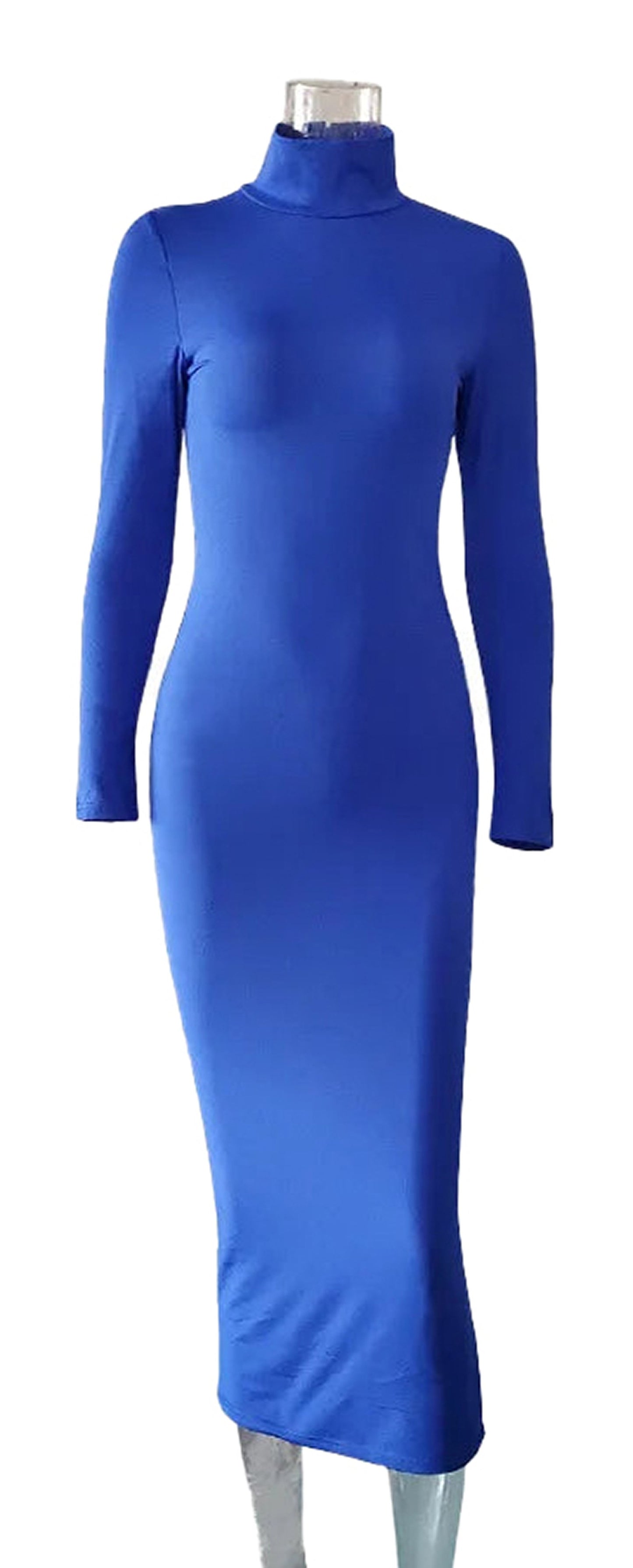 Elegant blue blouson maternity photo shoot dress with long sleeves and a stylish high neckline