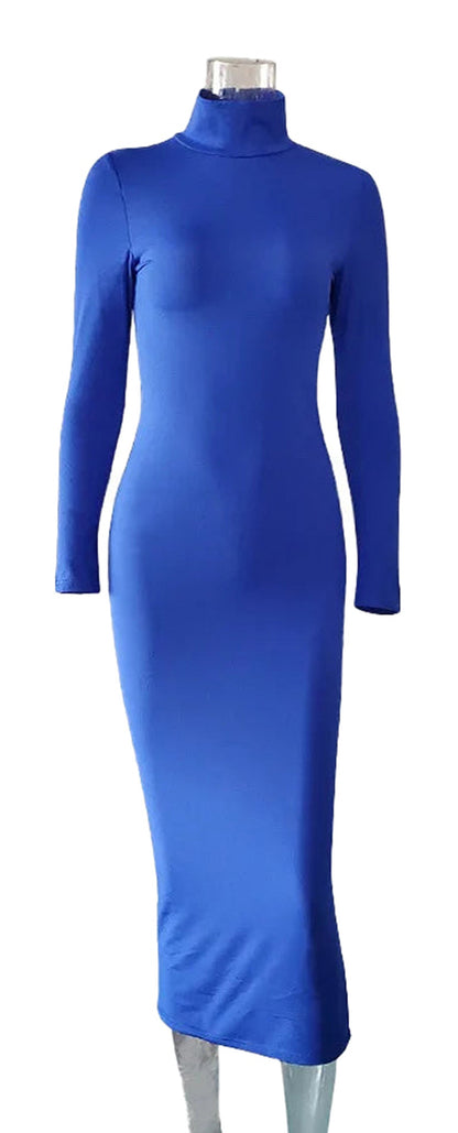 Elegant blue blouson maternity photo shoot dress with long sleeves and a stylish high neckline