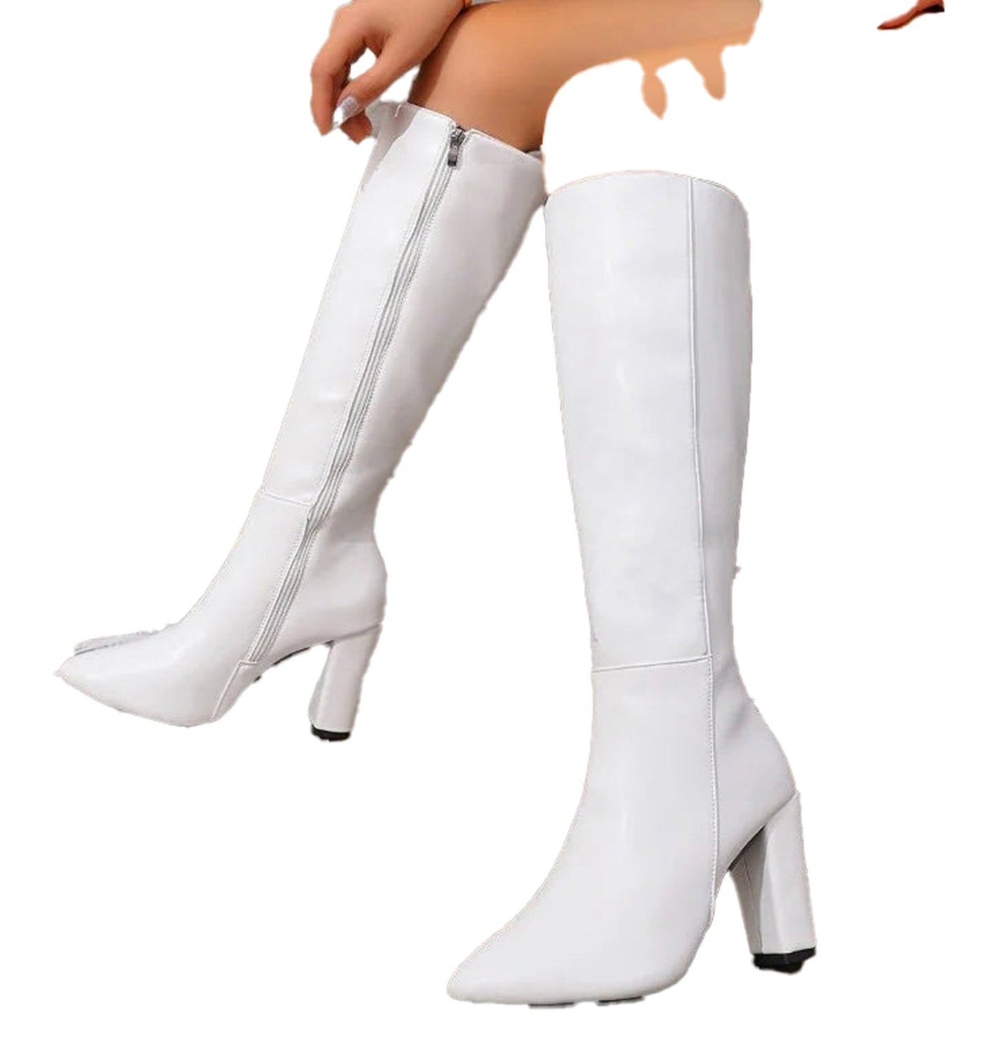 Womens Block Heel Knee Boots In White