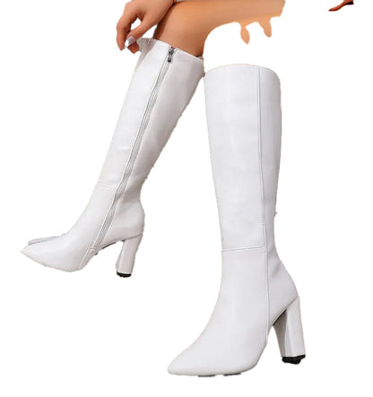 Womens Block Heel Knee Boots In White