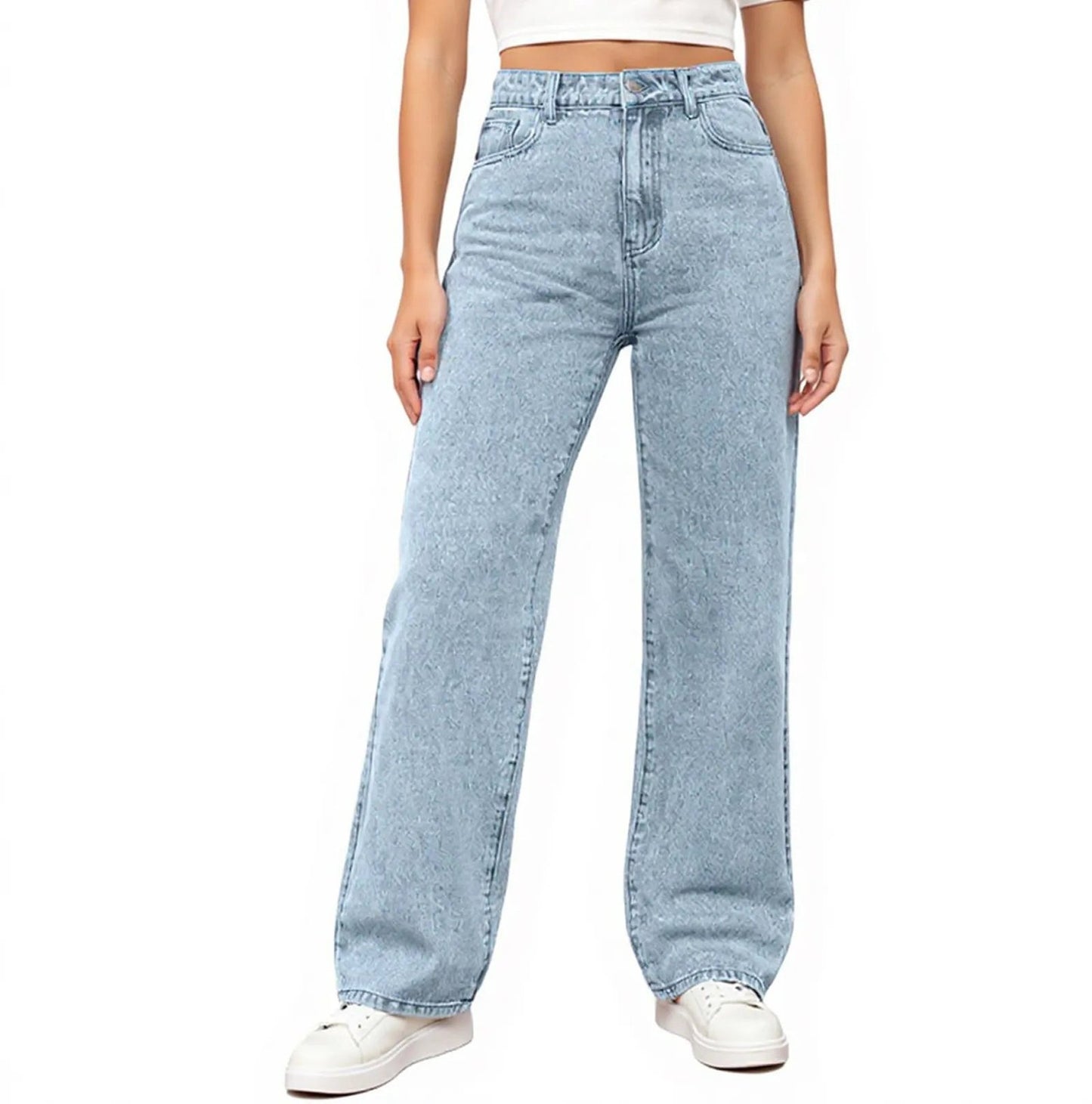 Womens High Waist Denim Trousers Trendy Fit