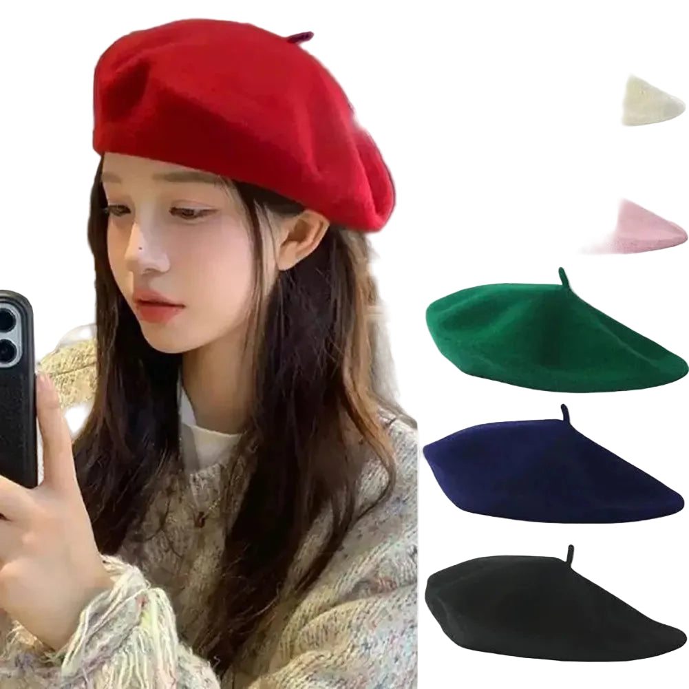 Person wearing a red beret with images of other colored berets on the right.