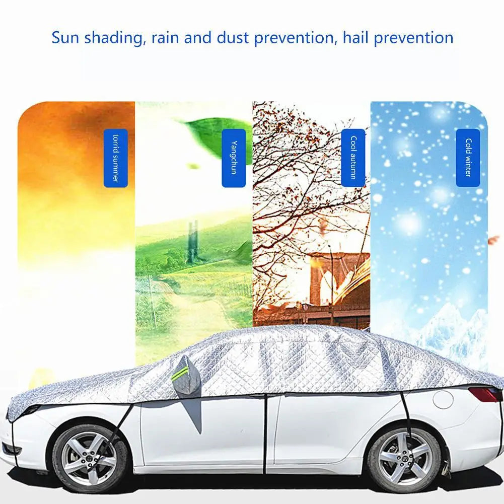 Car cover with sun shading, rain and dust prevention, and hail protection features.