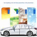 Car cover with sun shading, rain and dust prevention, and hail protection features.