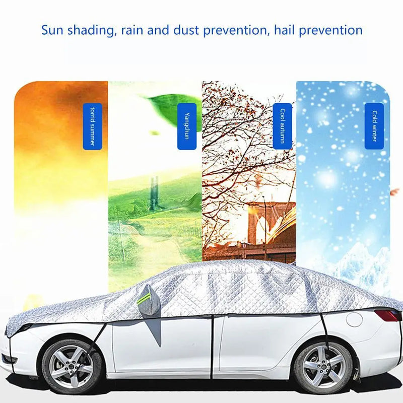 Car cover with sun shading, rain and dust prevention, and hail protection features.