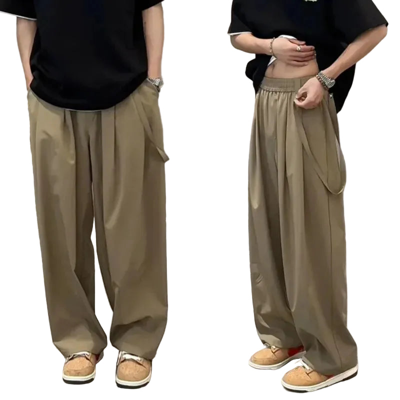 Person wearing beige wide-leg pants with a black top in two different poses.