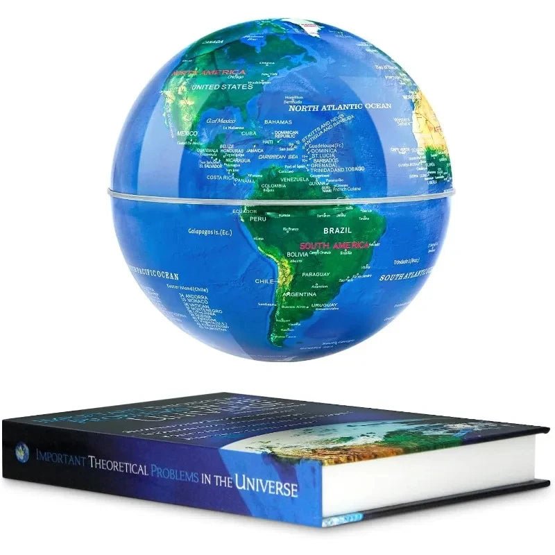 A floating globe model of Earth shown above a hardcover book titled "Important Theoretical Problems in the Universe" on a plain white background.