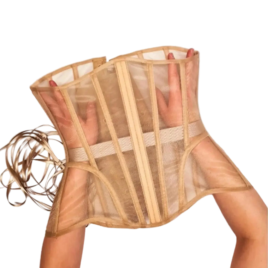A sheer nude-beige corset-style waist trainer with vertical boning and an elastic waistband, being held up by two visible arms against a plain light background.