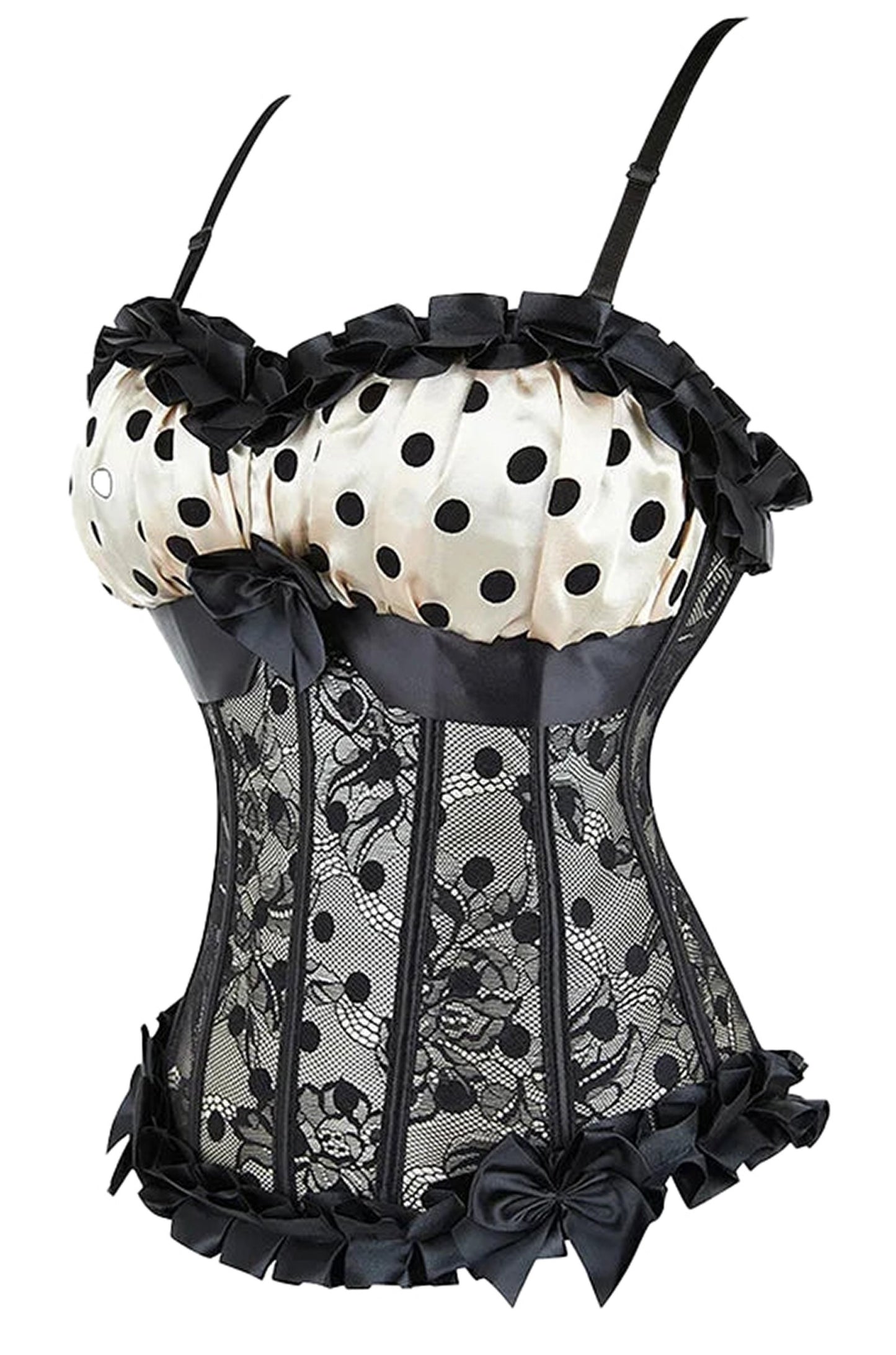 Stylish polka dot corset bustier with lace details and satin accents for a chic look
