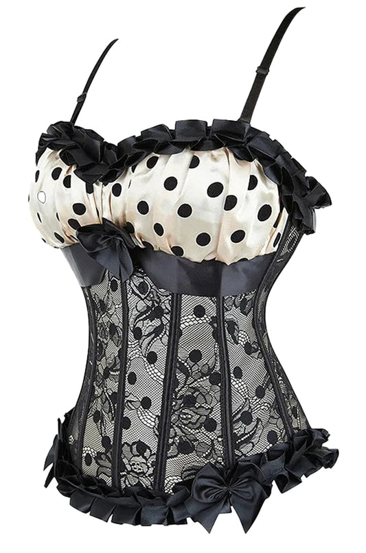 Stylish polka dot corset bustier with lace details and satin accents for a chic look