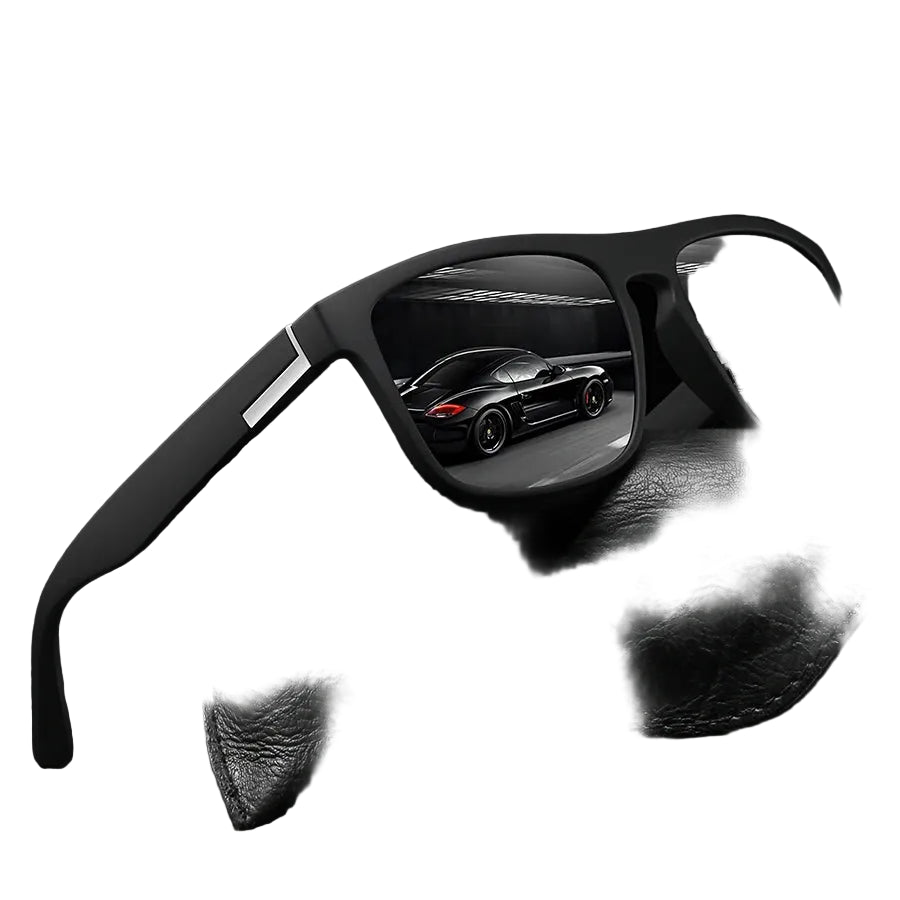 Black sunglasses with reflective car image on a black background
