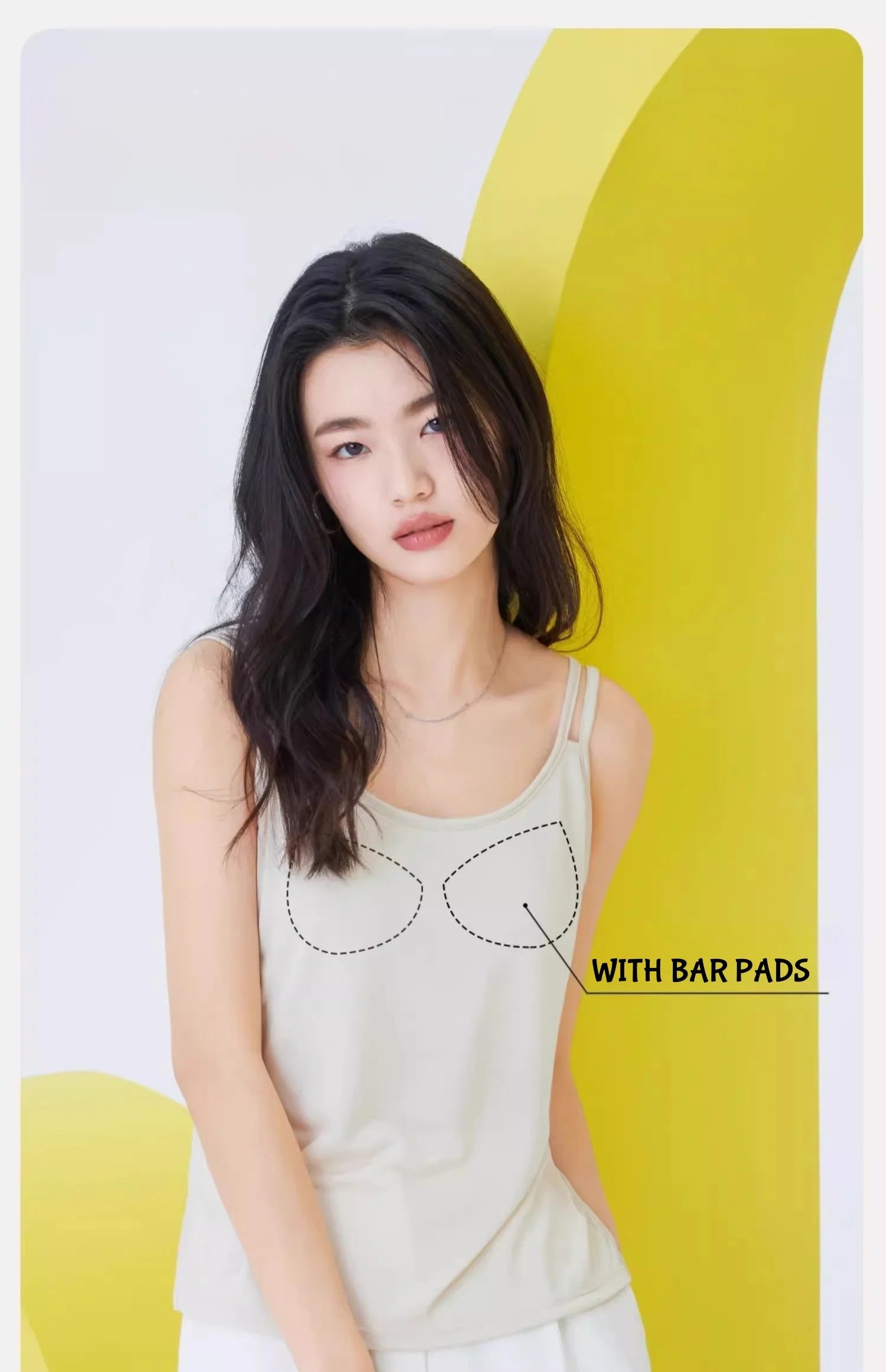 A woman wearing a light beige tank top with a dotted outline graphic of two bar pads, posed against a white and yellow graphic background. Text on the image reads 'WITH BAR PADS'.