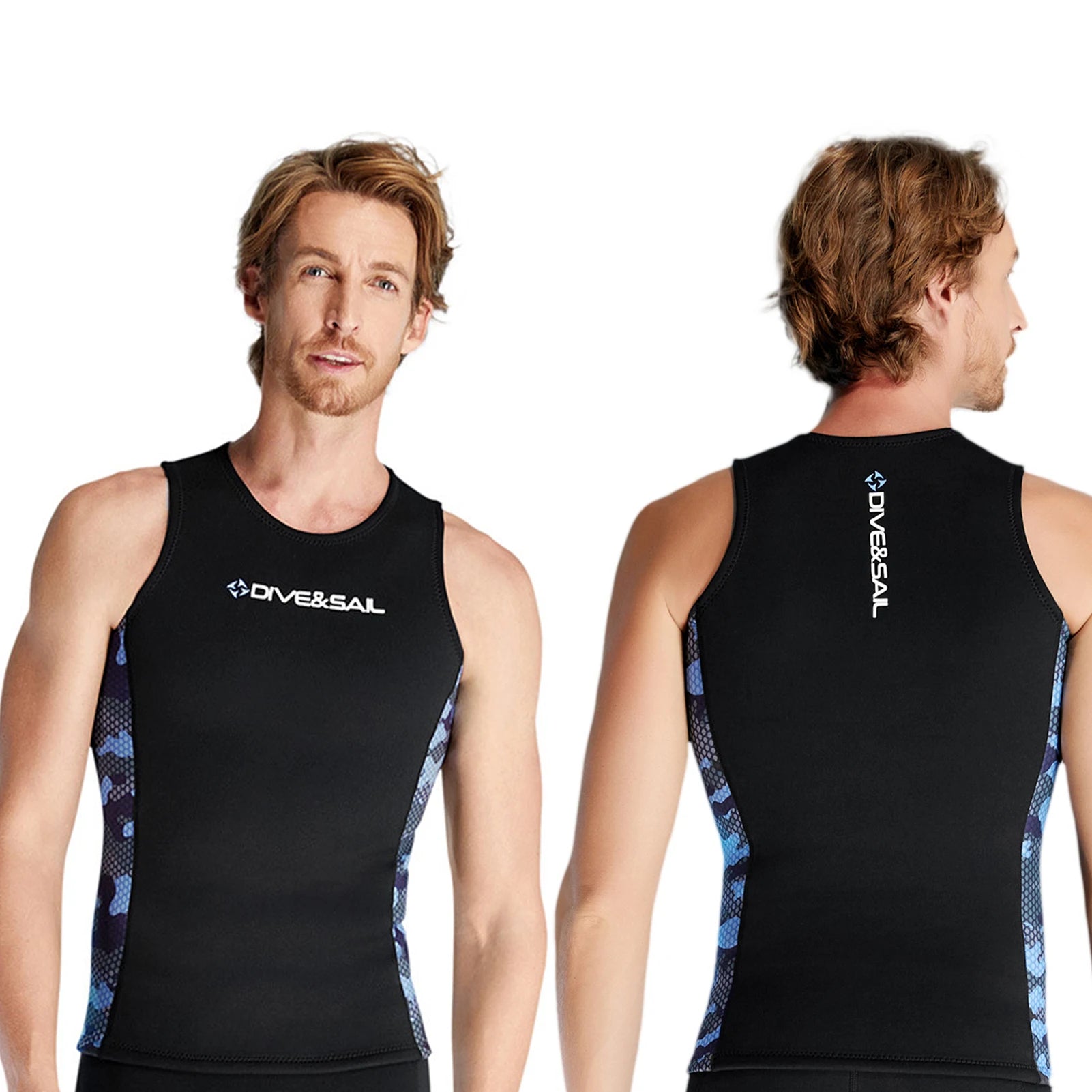 Black sleeveless shirt with blue pattern on a man, showing front and back views.