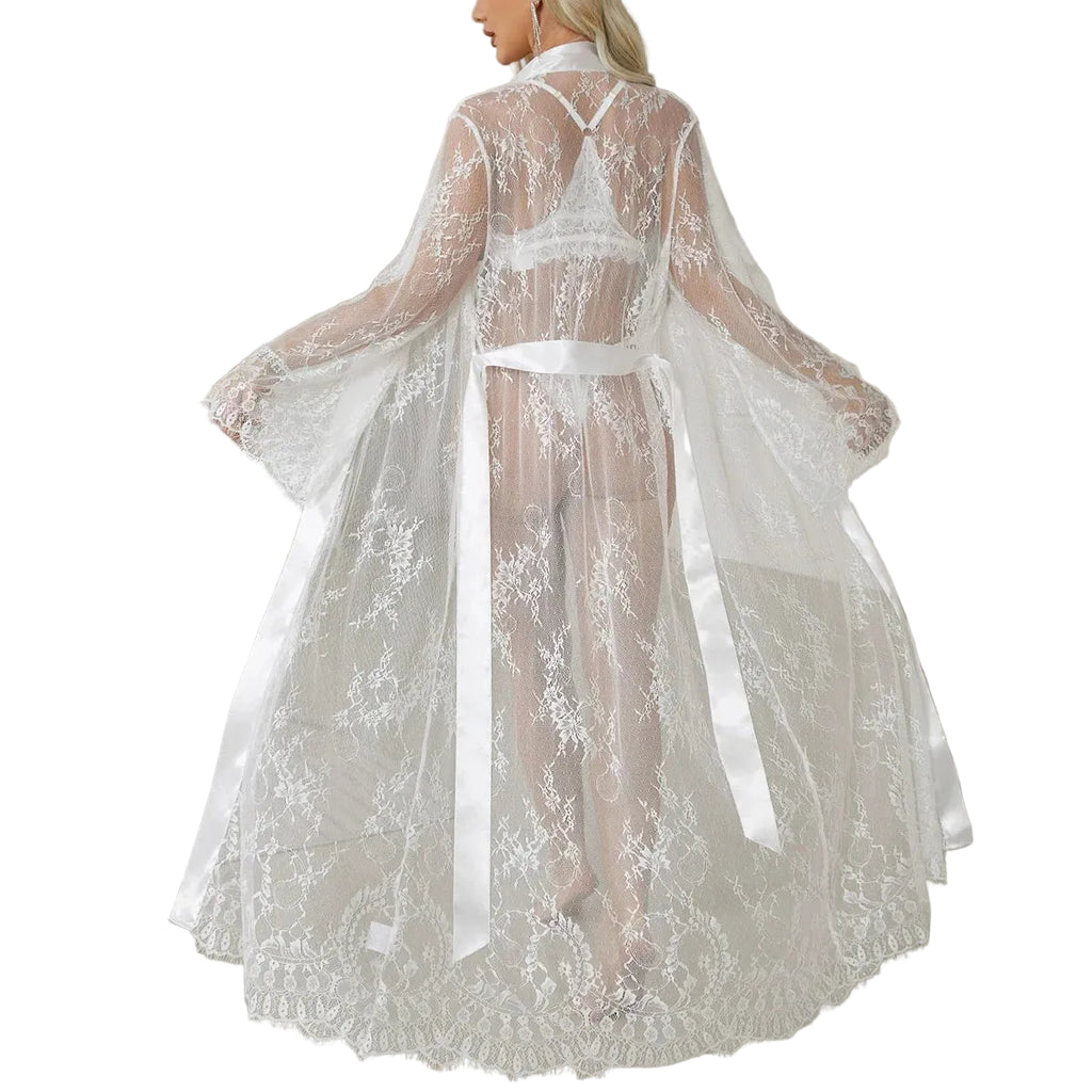 Womens Long Lace Mesh See Through Nightdress Sleepwear Robe Pajamas