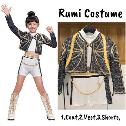 K-Pop demon hunters costume for kids featuring a stylish jacket, shorts, and accessories