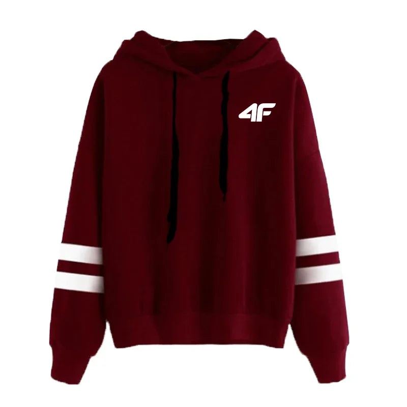 Burgundy high quality women's hooded sweatshirt with white stripes and a stylish design