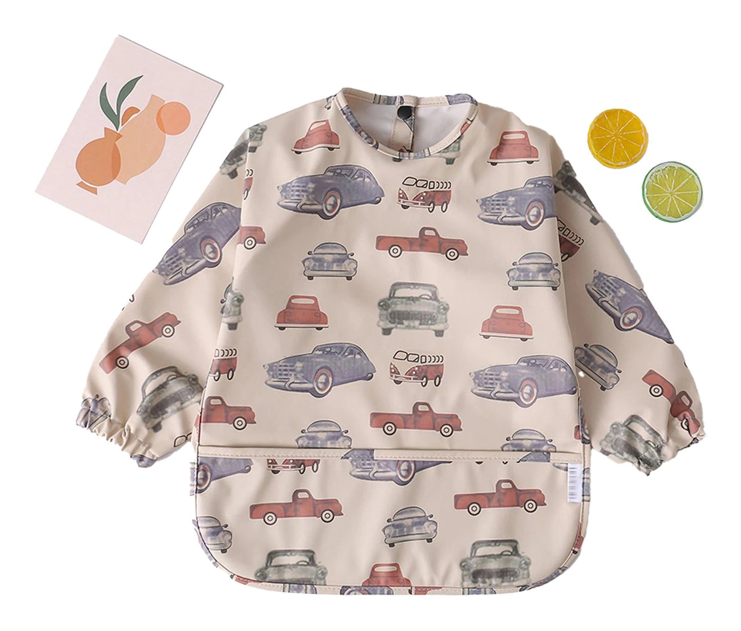 Waterproof baby art smock with colorful vintage car prints for messy play and art activities