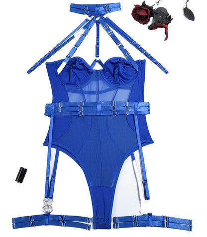 Blue Lace Halter Bodysuit Lingerie