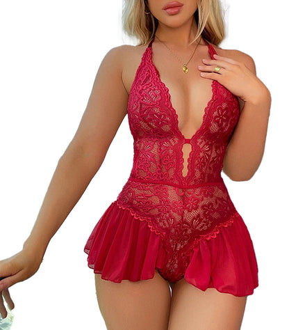 Lace See Through Teddy Bodysuit In Red