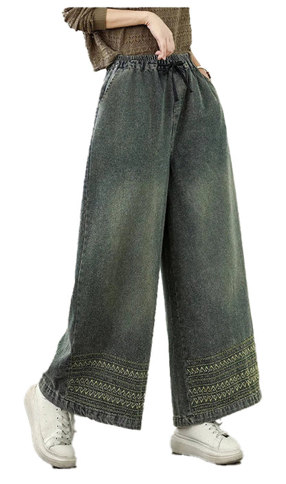 Embroidered Wide Leg Jeans For Women