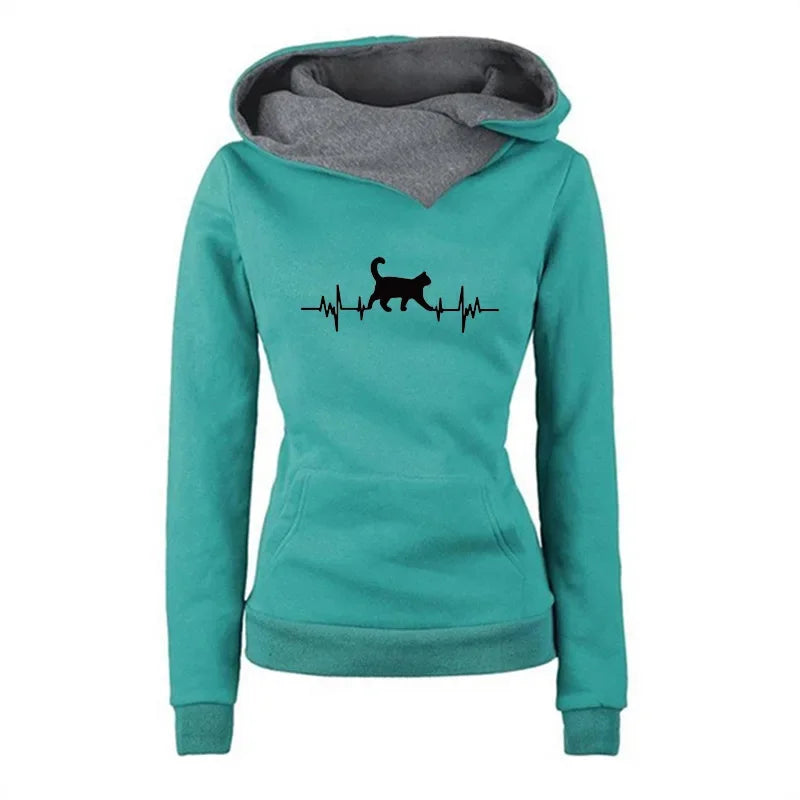 LuckeLadybug women's autumn winter sweatshirts in teal with a black cat heartbeat design