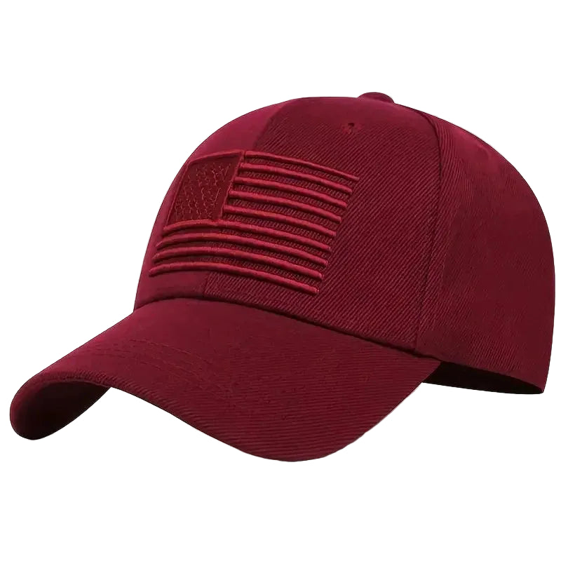 Maroon baseball cap with American flag patch on a white background