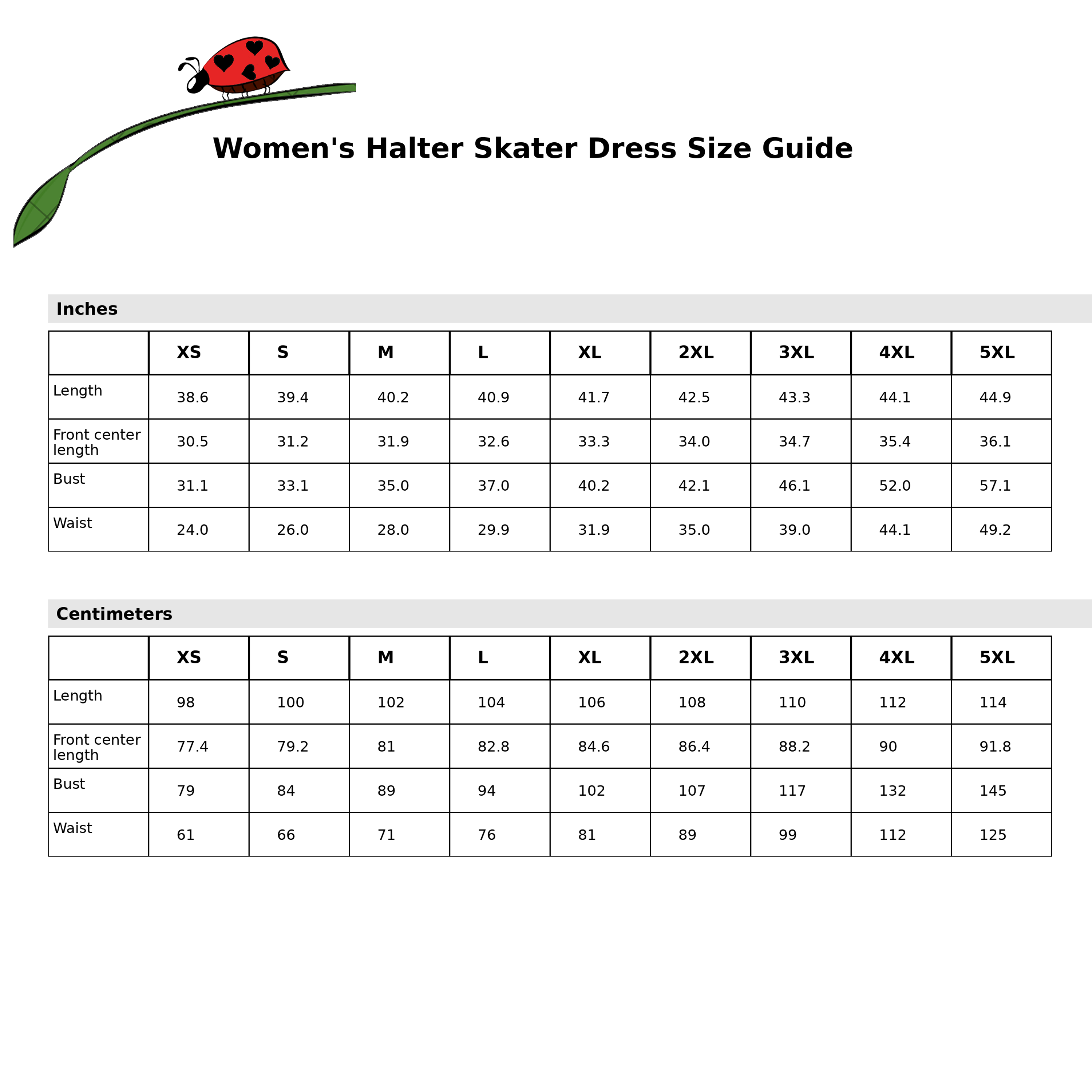 LuckeLadybug Women's Halter Skater Dress Size Guide with Bust, Waist, and Length Measurements