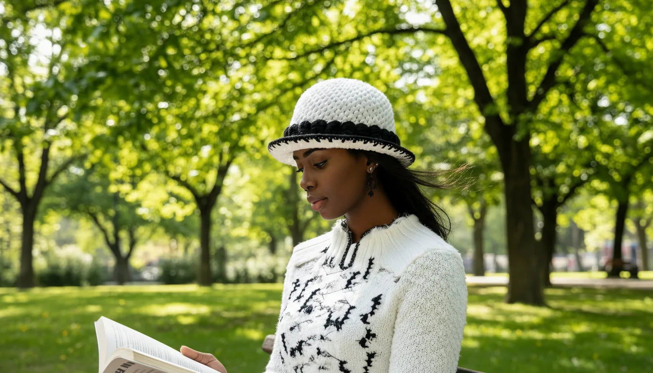 Woman reading a book in a park with trees and greenery