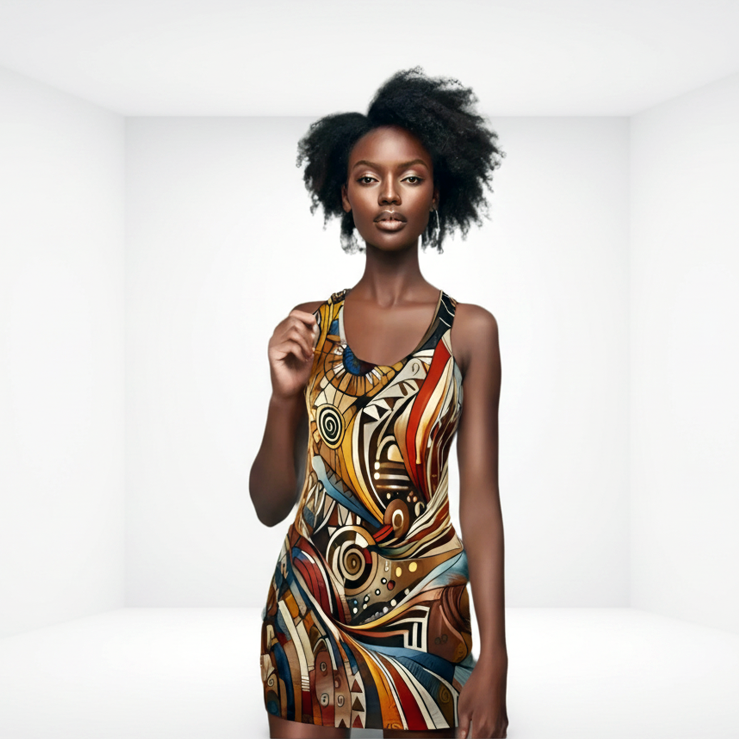 Woman wearing a colorful patterned dress on a white background
