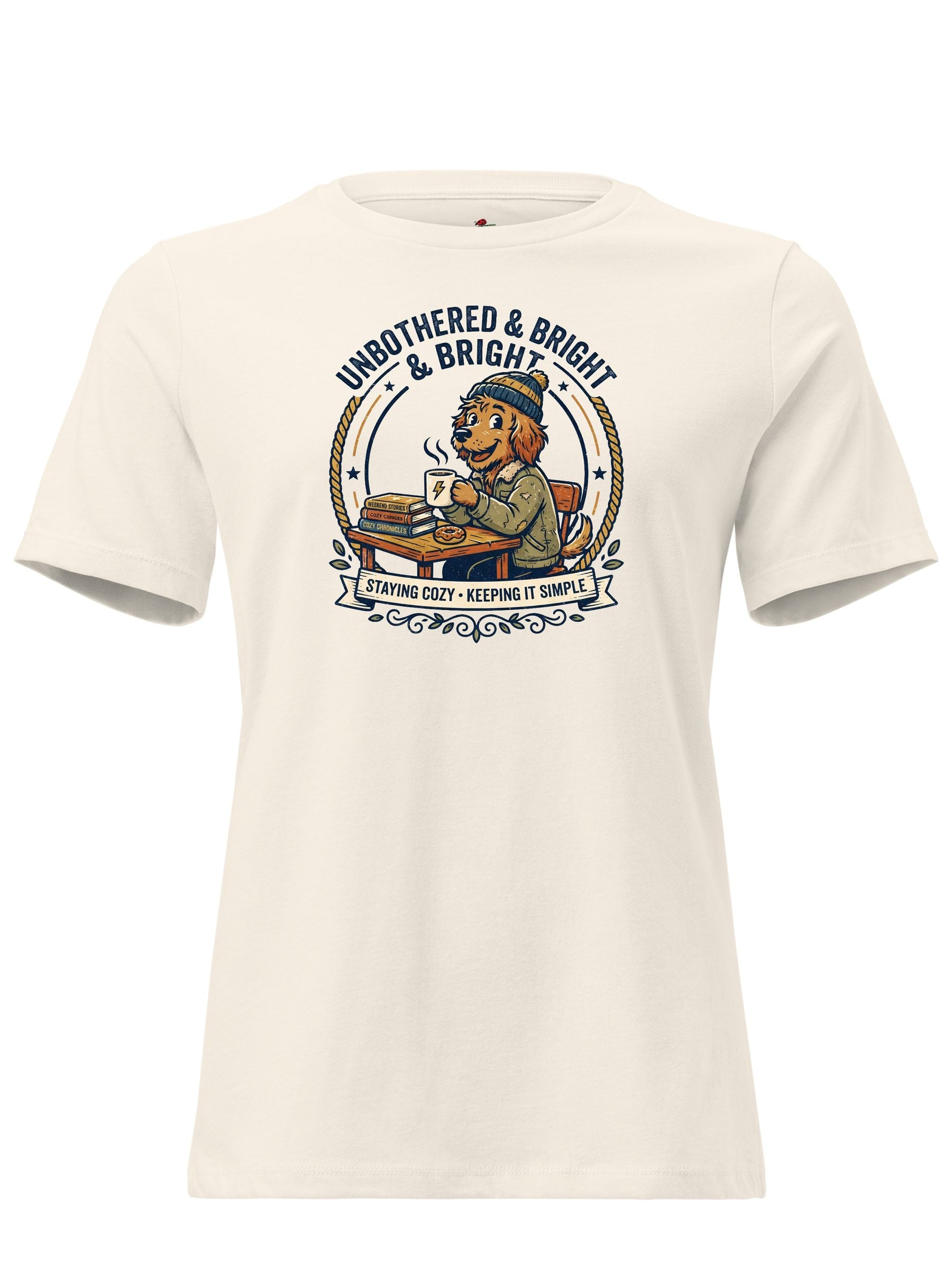 An off-white short-sleeve crewneck t-shirt featuring a vintage-style graphic of a lion wearing a blue cap and sitting at a desk with books, surrounded by the text 'UNBOTHERED & BRIGHT & BRAVE' and 'STUDYING TO KEEP IT SIMPLE'.