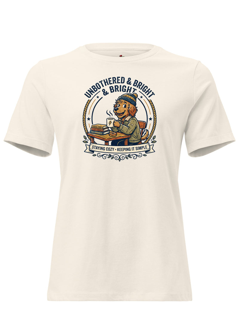 An off-white short-sleeve crewneck t-shirt featuring a vintage-style graphic of a lion wearing a blue cap and sitting at a desk with books, surrounded by the text 'UNBOTHERED & BRIGHT & BRAVE' and 'STUDYING TO KEEP IT SIMPLE'.
