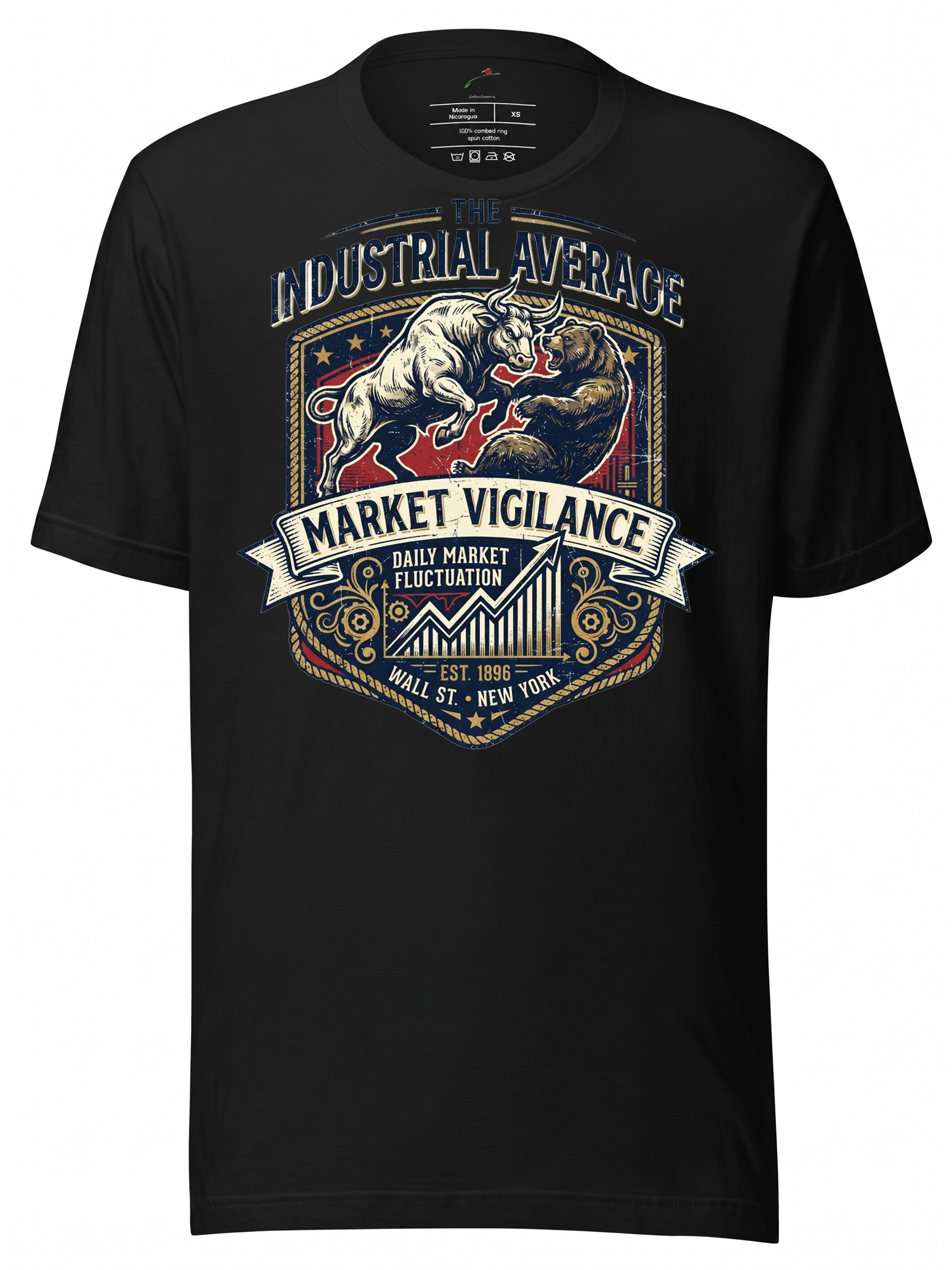 LuckeLadybug LLC black T-shirt featuring a Wall Street Journal graphic design with bull and bear motifs