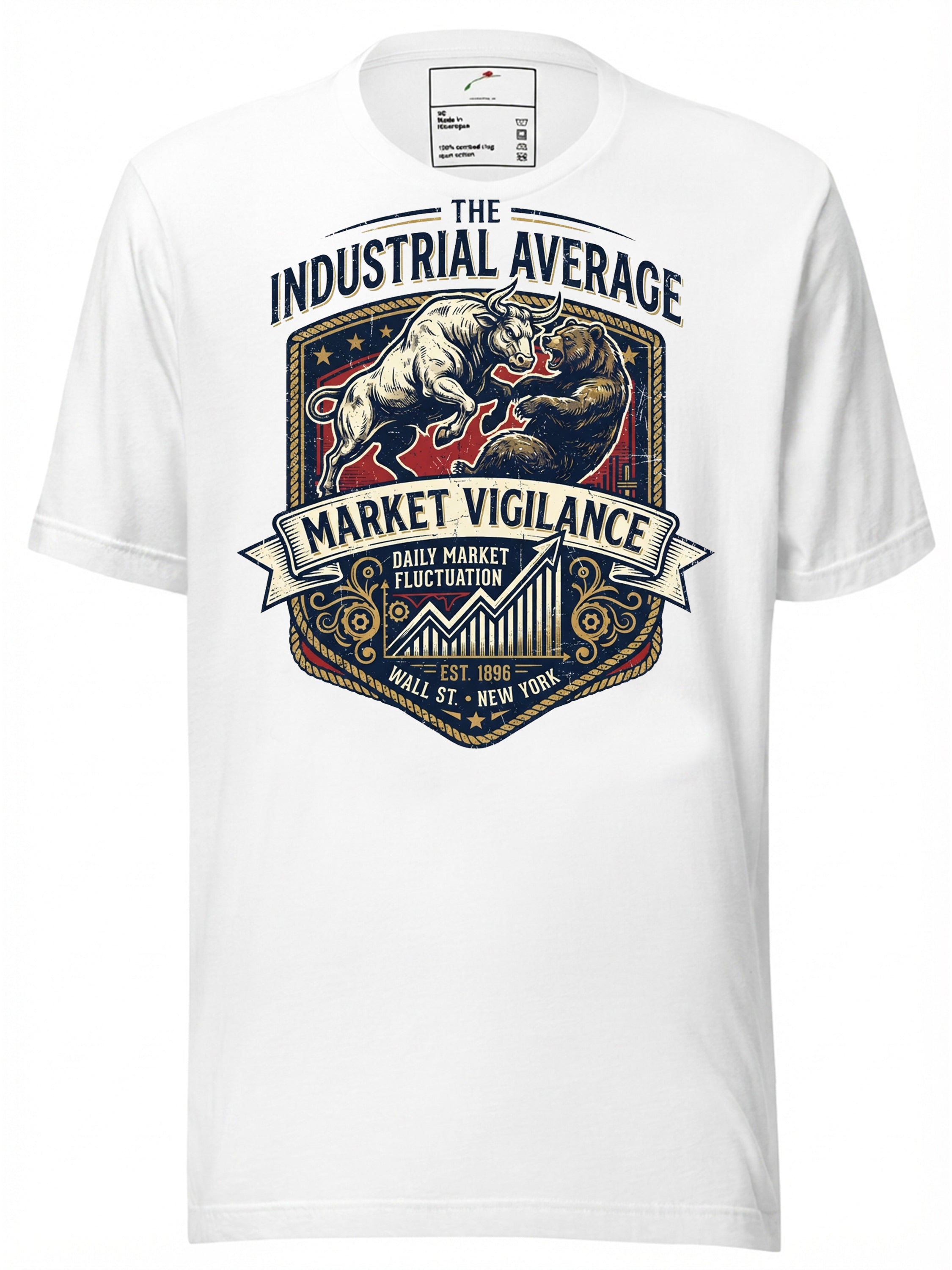 LuckeLadybug LLC White T-Shirt featuring a Wall Street Journal graphic design with bull and bear motif