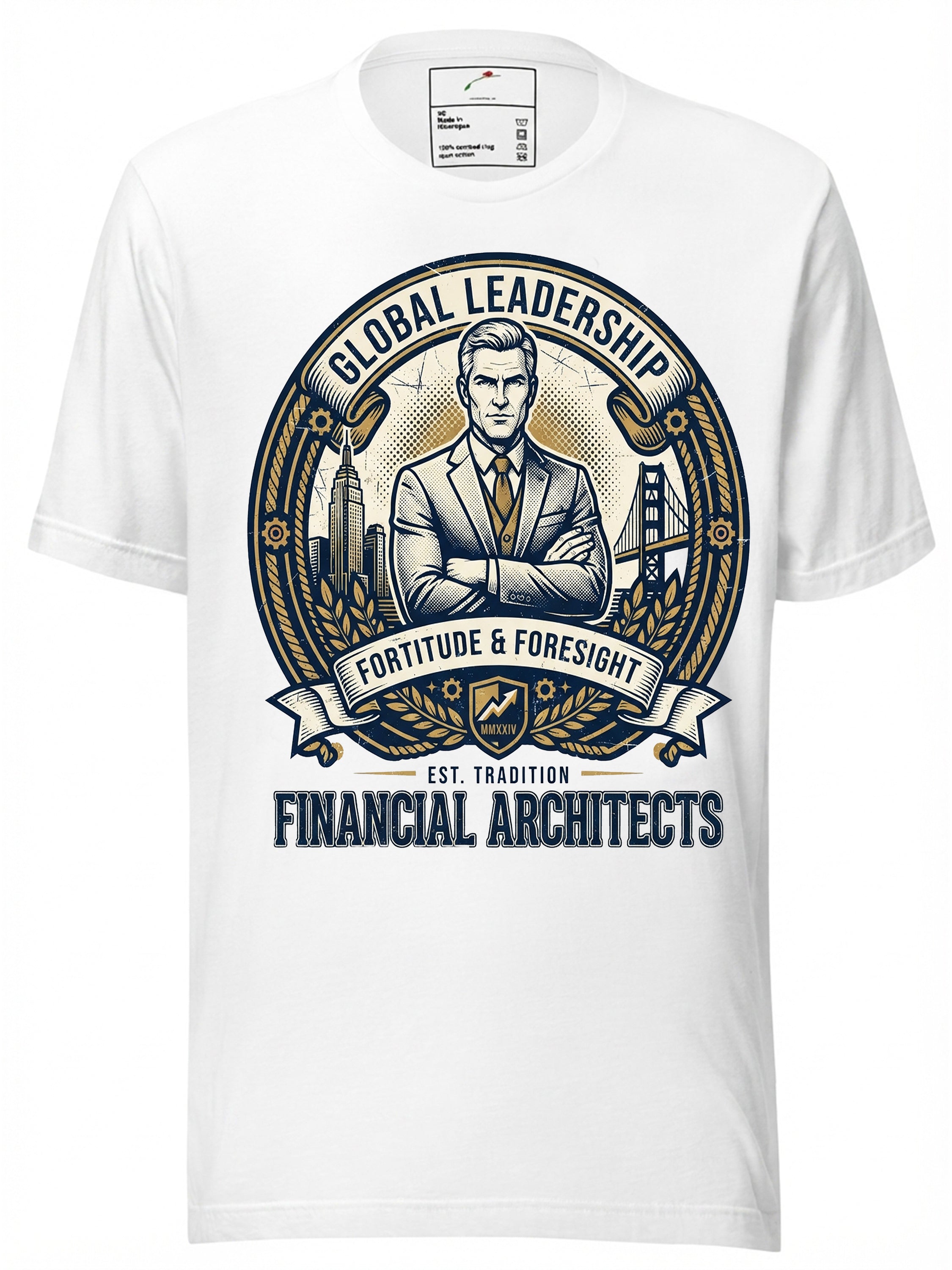 LuckeLadybug LLC white T-shirt featuring a Wall Street Journal graphic with financial themes