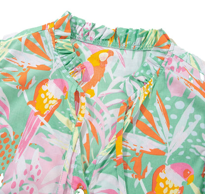 LuckeLadybug H Line pink abstract floral dress with ruffle neckline and colorful tropical bird print