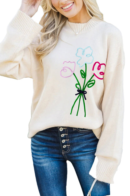 White Embroidered Flower Sweater